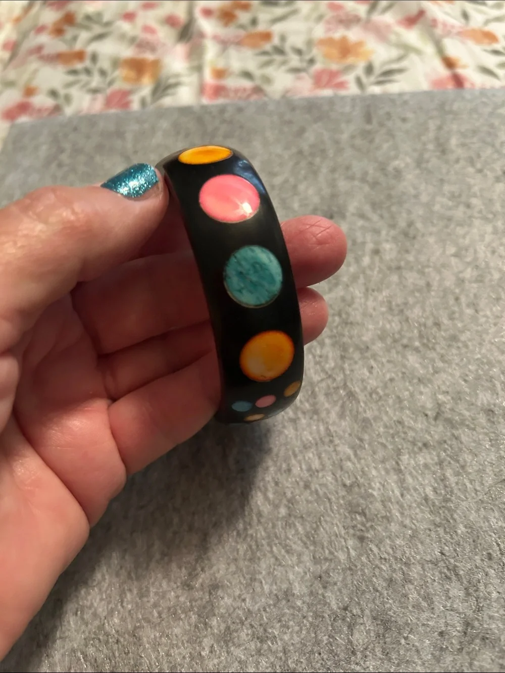 Vintage Black Bangle Bracelet with Multicolor Polka Dots